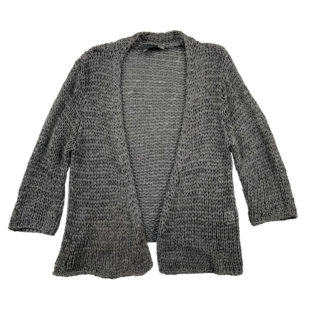Eileen Fisher Open Front Cardigan‎ Sweater Womens Medium Grey Open Knit Light